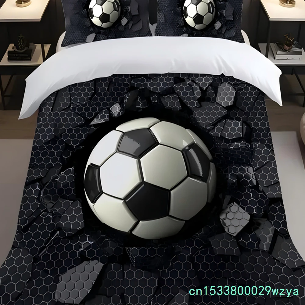 Football Impact Cement Wall Hexagonal Impact Crush Print Quilt Cover 3D Visual Effects Style Polyester Comfortable Duvet Cover