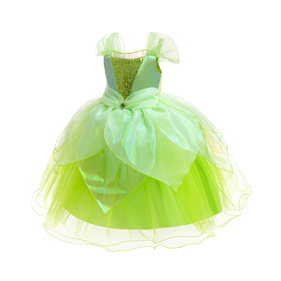 Disney Tinker Bell Tutu Dress Kids Cosplay Green Flower Fairy Elf Wings Children Luxury Elf Cosplay Costume Gift Halloween Cloth