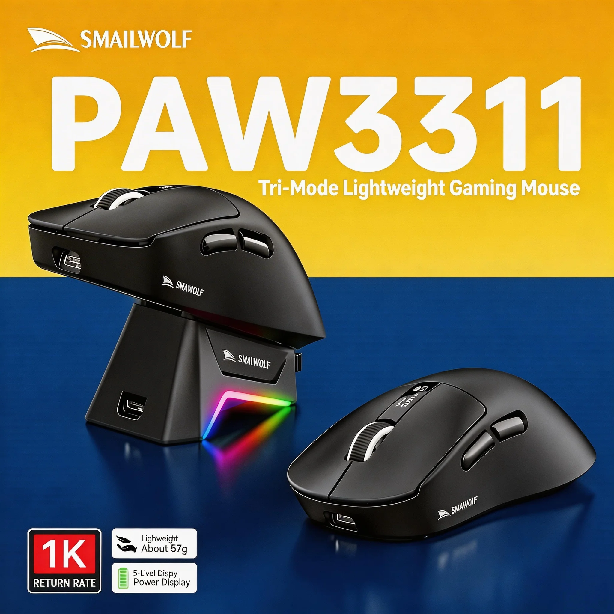 SMAILWOLF M6Lightweight wireless Bluetooth three-mode gaming mouse notebook desktop computer PAW3311 digital display