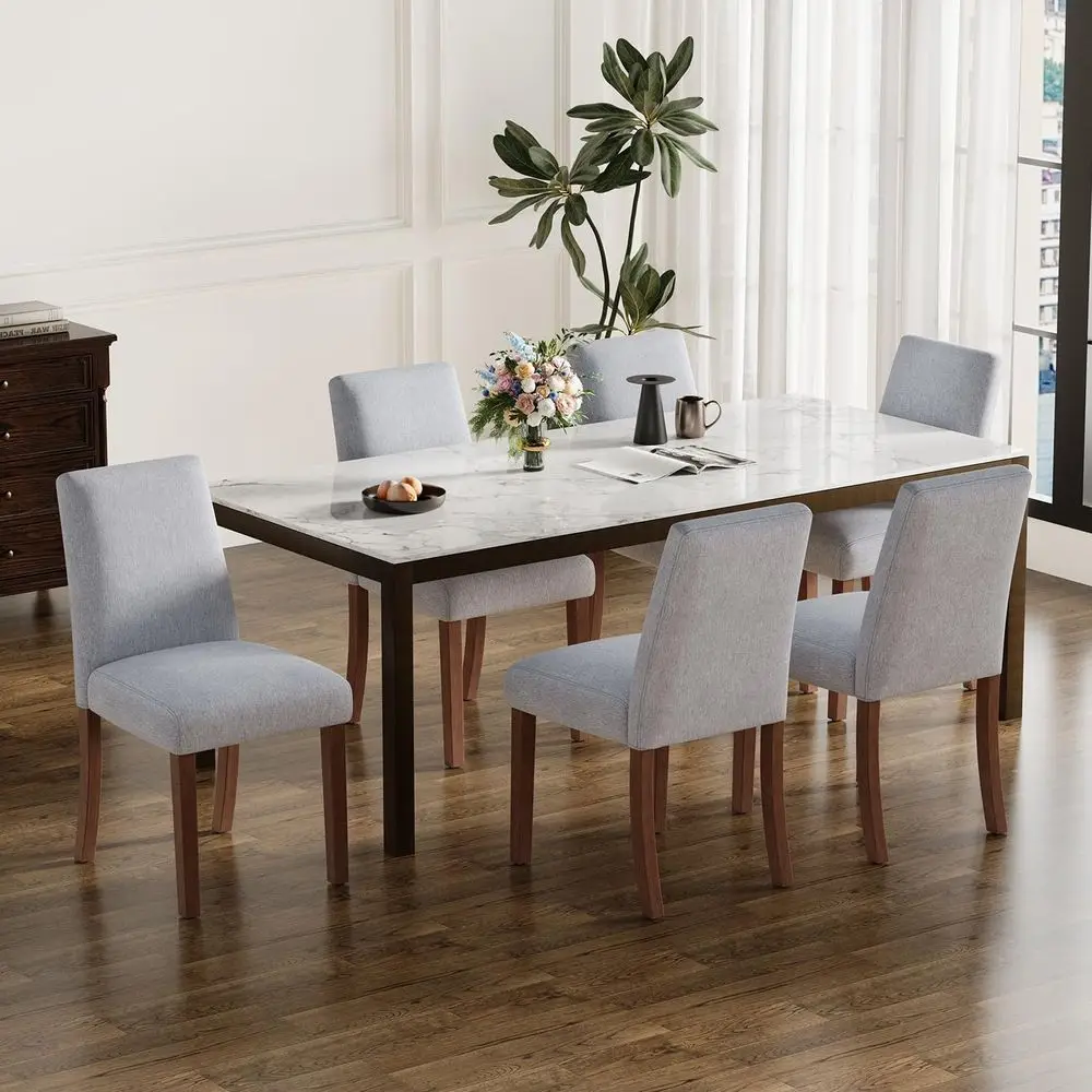 Set of 6 Upholstered Wooden Leg Dining Chairs in Gray for Kitchen, Restaurant, and Cafe
