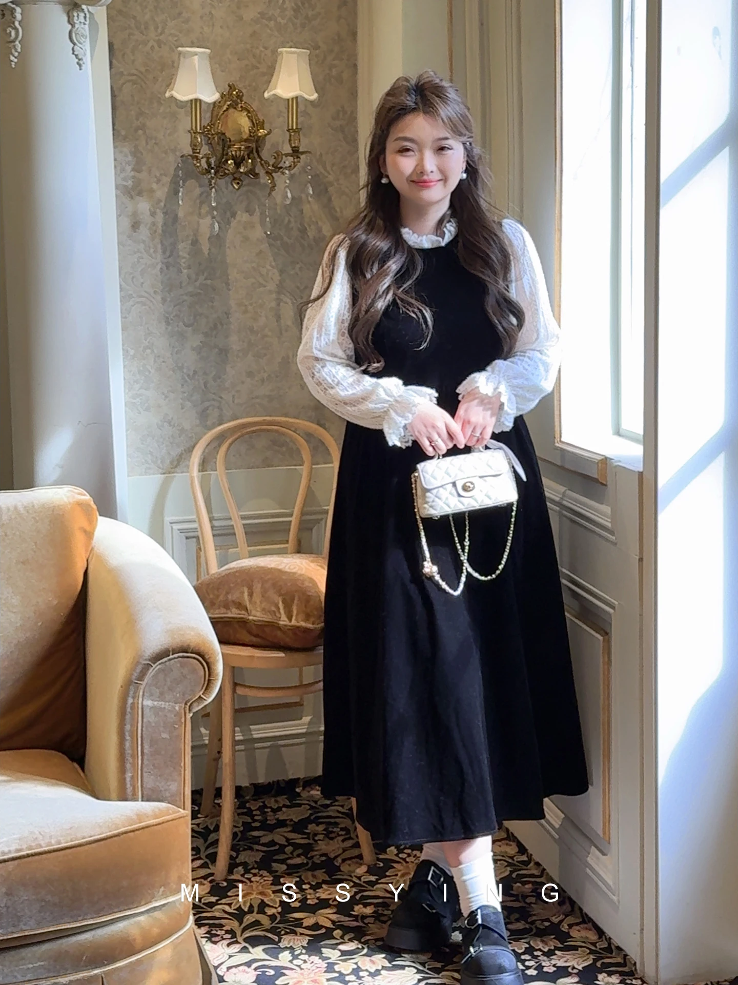 

Miss ng Velvet Dr Hepburn Sle Lace Patchwork A-Line Skirt Winter New Arrival High Waist French Sle Long Sve Dr