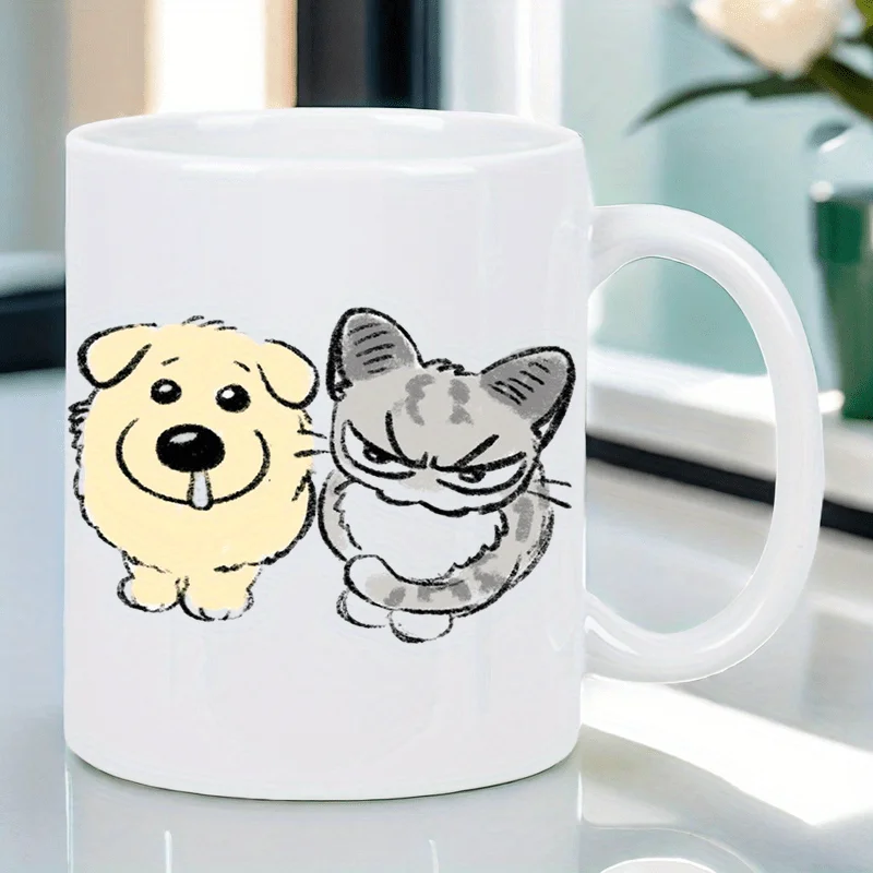 Cute ceramic mug featuring adorable dog and cat designs, adorned with cute pet sitting poses, perfect for home and office use.