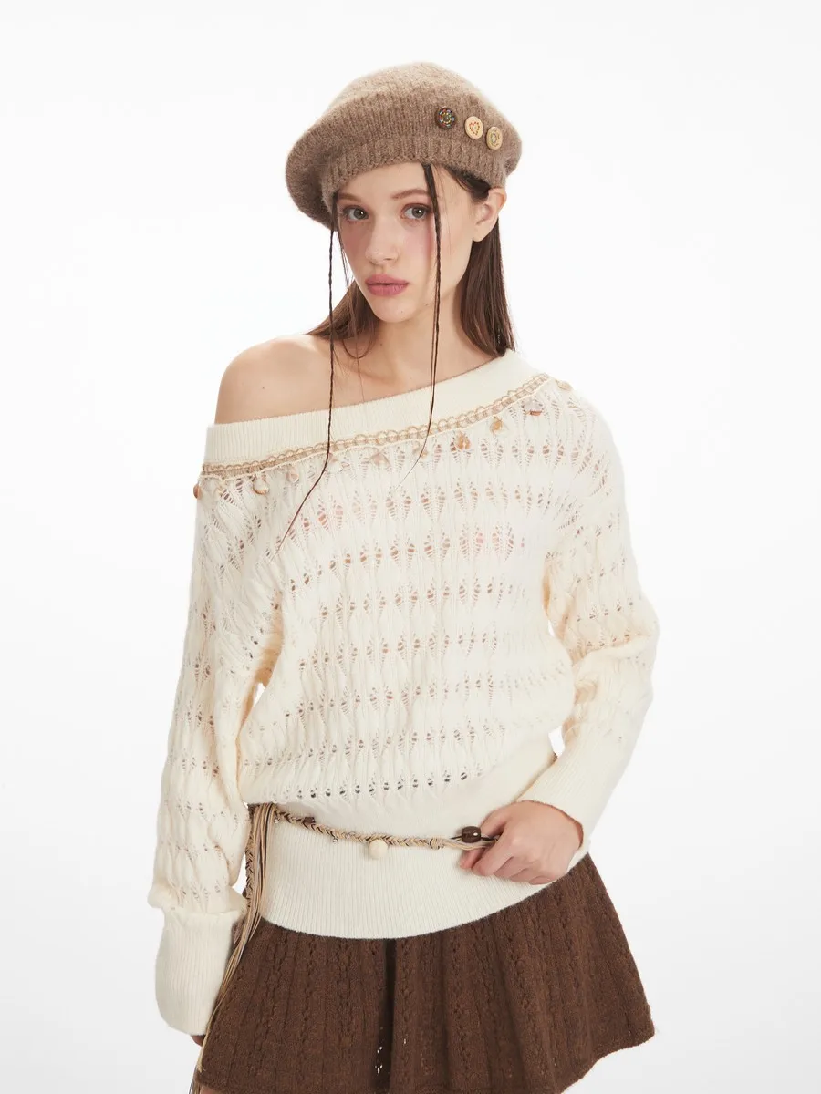 

Shell Asymmetrical Bare-shoulder Decollete Sweaters Designer Knitted Winter Clothes Pullovers Tops for Women Girls Office Ladies