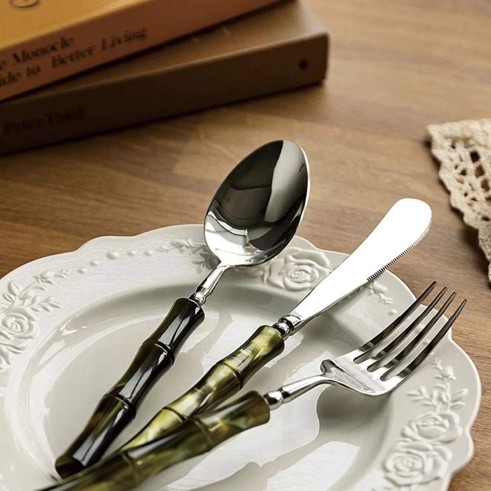 New Resin Cutlery Bamboo Style 18/10 stainless steel 304 Classical Flatware Dinnerware Set Silver Drop Shipping