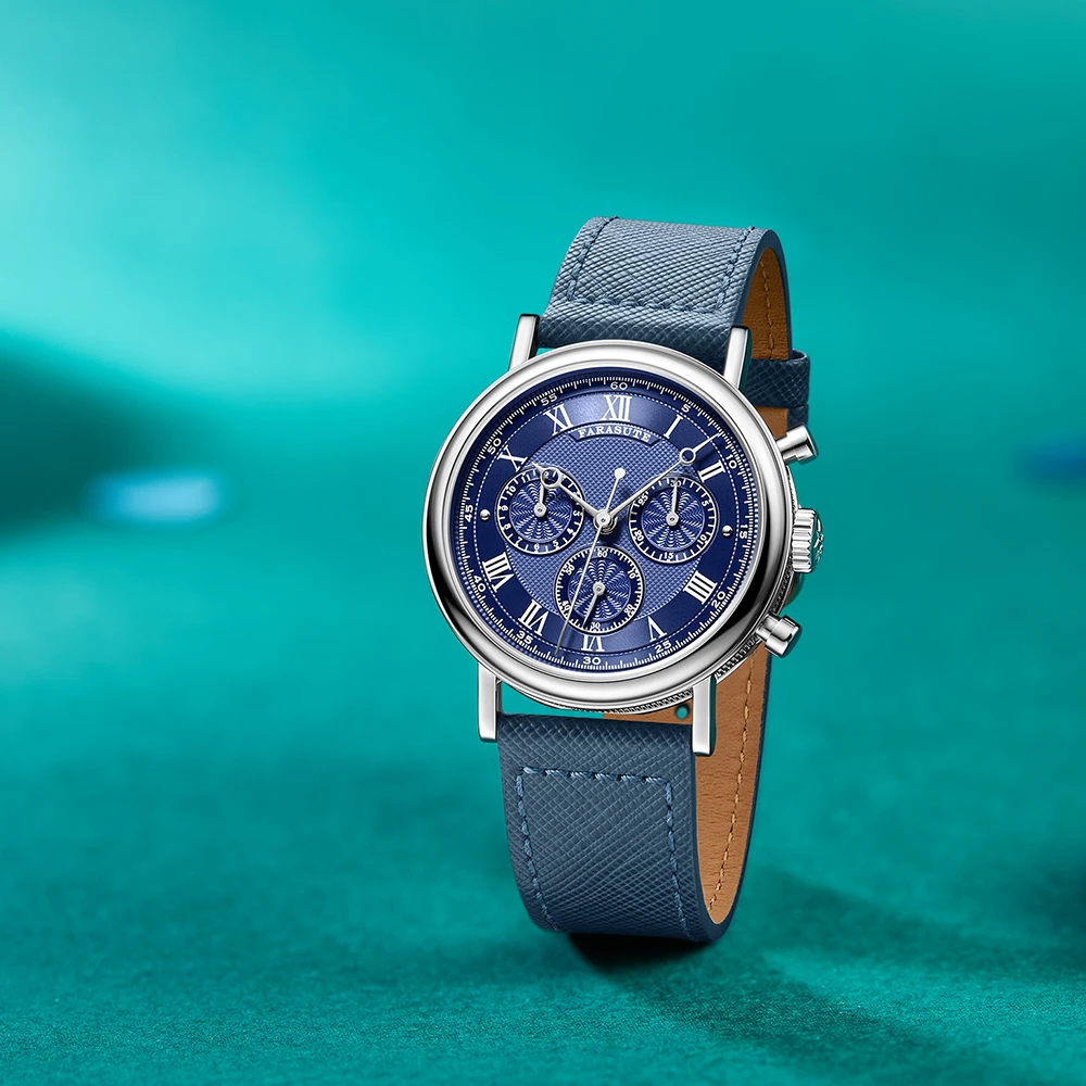 FARASUTE 男性自動腕時計レトロクロノグラフ機械式時計サファイアステンレス鋼 3 窓防水ピーコック 4801