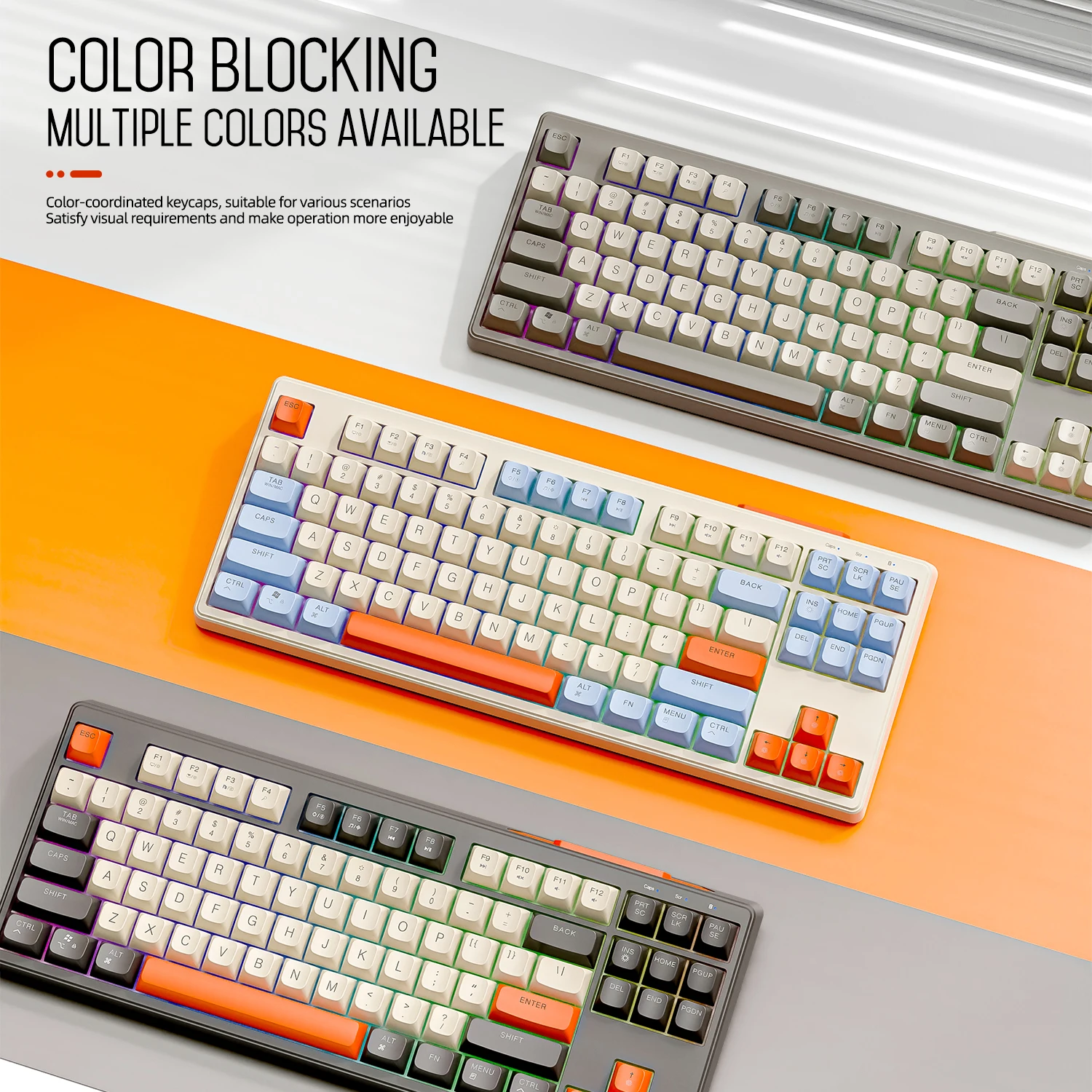 FREEWOLF M87 Backlit TKL Wireless Gaming Keyboard 87 Keys RGB Membrane Mechanical Feel PBT Keycaps Silent for Win Mac