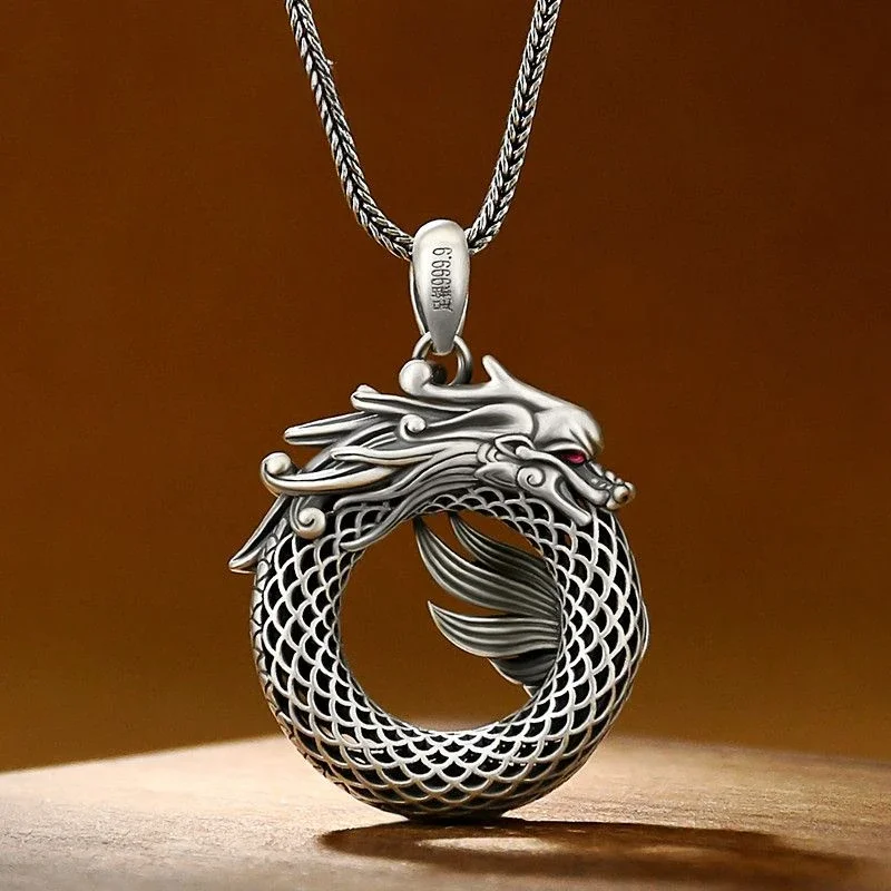 999 Sterling Silver Zodiac Dragon Peace Buckle Necklace Pendant Vintage Men's and Women's Dragon Year Birth Year Gift Pendant