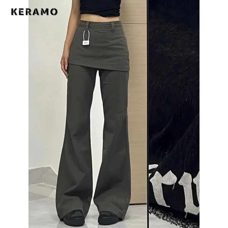 Harajuku Patchwork High Waist Flared Jeans Female Retro Green Y2K Pants Hight Street Women\'s Vintage Solid Color Denim Trouser