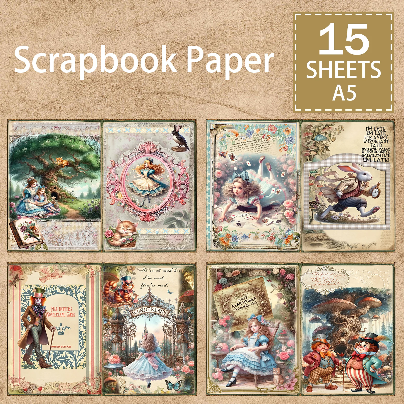 15 Sheets A5 Size Alice In Wonderland Poker Clown Background Vintage Grunge Journal Planning Scrapbooking