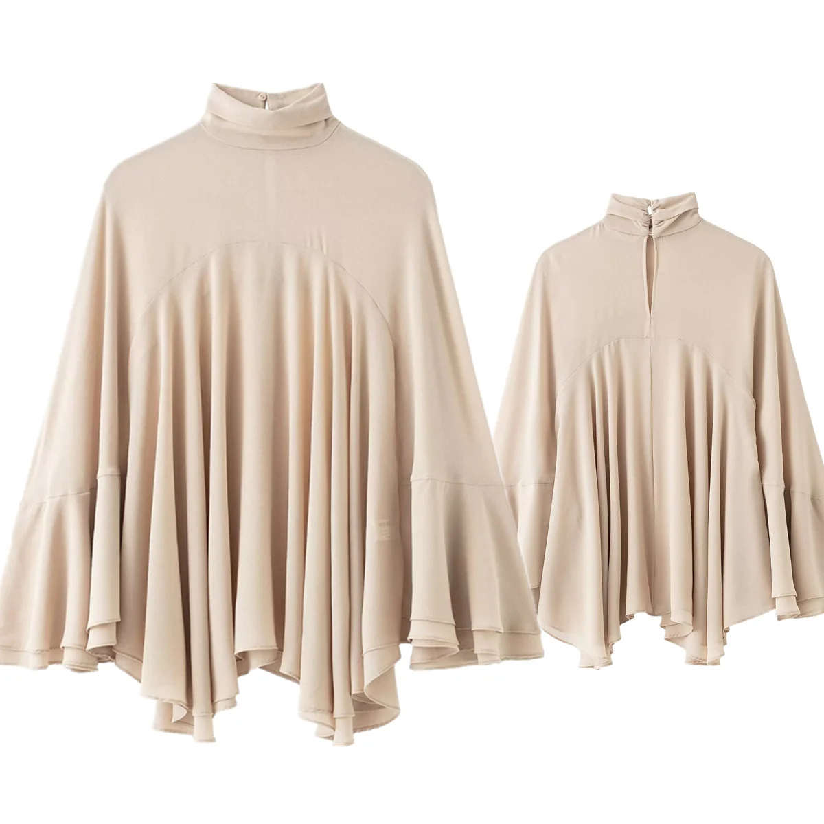 

Dave&Di 2026 Spring Fashion Woman Clothing Tops Minimalist Beige Elegant Blouse Turtlneck Pleated Batwing Sleeve Shirt Women