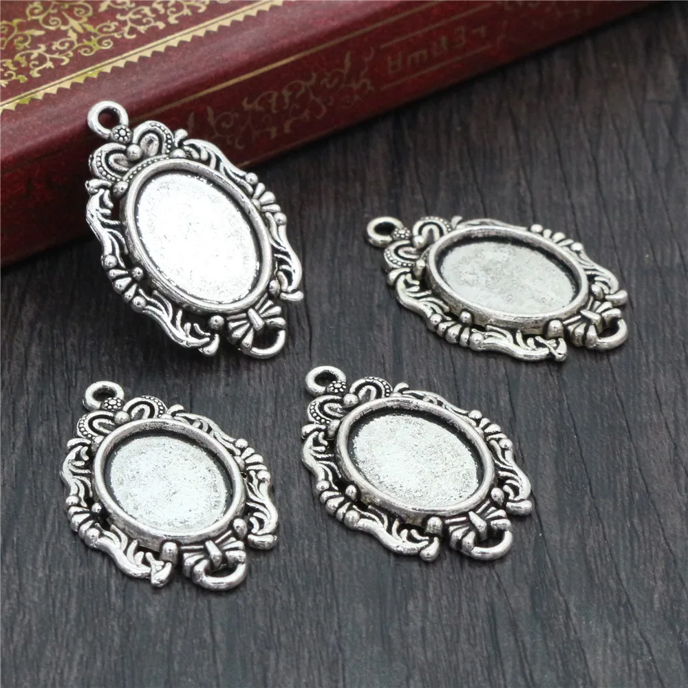 20pcs 10x14mm Inner Size Antique Silver Plated Bronze Classic Flower Style Cameo Cabochon Base Setting Pendant necklace findings