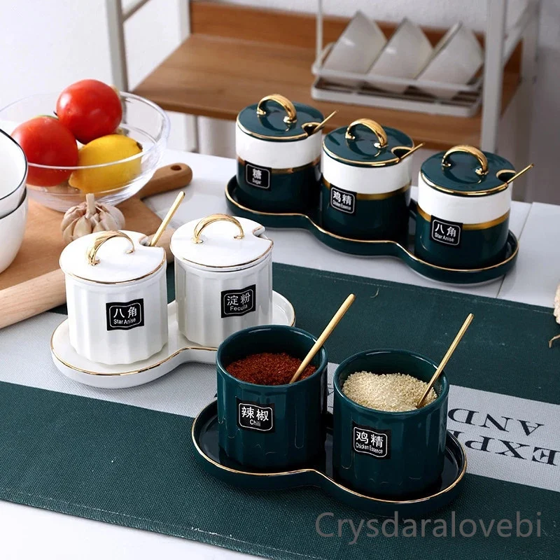 Japanese Light Luxury Salt Pot Seasoning Box Set Household Ceramic Seasoning Pot Sugar Bowl Seasoning Bottle Kitchen Supplies