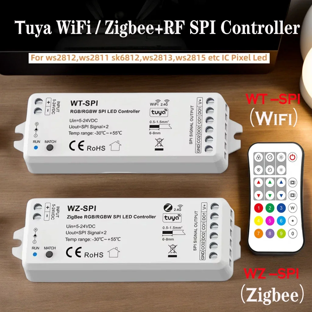 SPI LED Controller DC5V-24V Tuya WiFi WT-SPI/WZ-SPI Zigbee+RF Controller For WS2811 ws2812 ws2815 SK6812 RGB/RGBW LED Strip