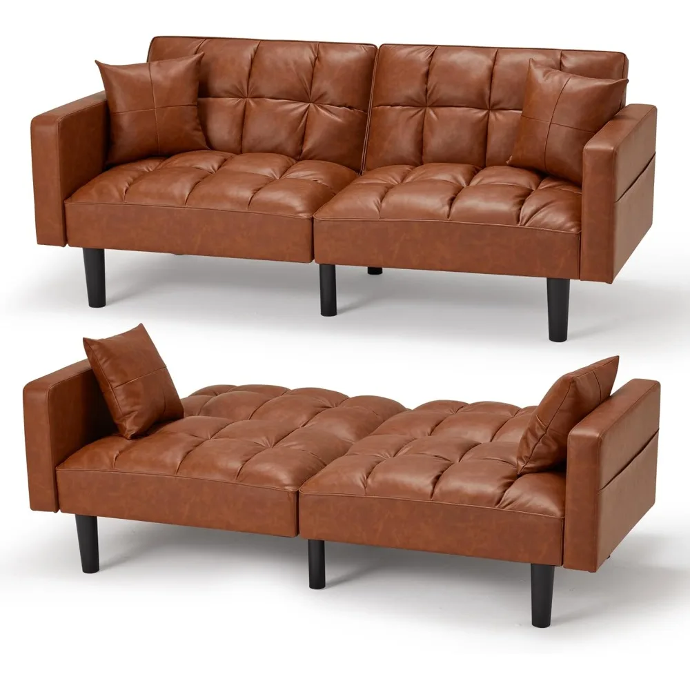 Convertible Sofa Bed with Adjustable Back, Modern Faux Leather Futon Couch Sleeper for Living Room Office, Brown