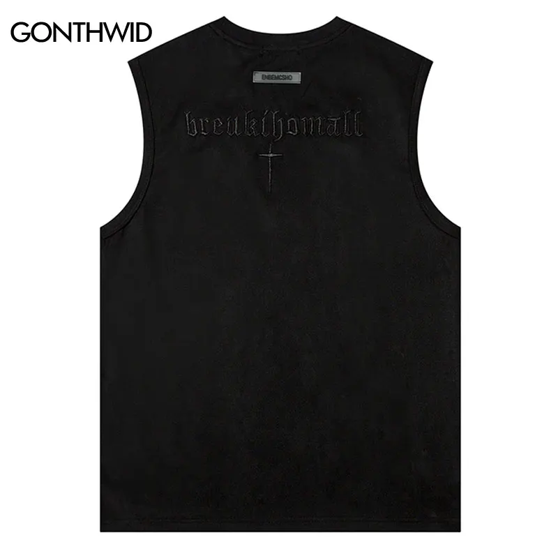 Men Suede Tank Tops Y2K Streetwear Hip Hop Embroidery Letter Sleeveless T-Shirt 2023 Summer Fashion Harajuku Loose Vest