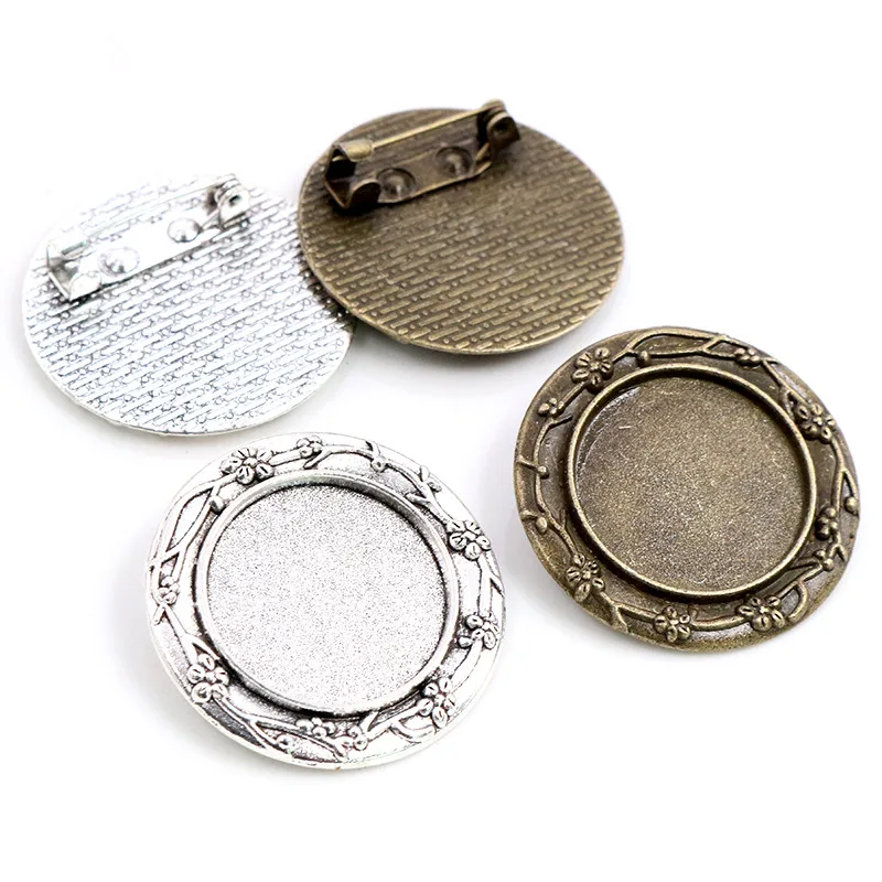 5pcs 20mm Inner Size Antique Silver Plated Bronze Brooch Pin Flower Style Cabochon Base Setting