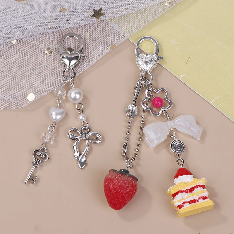 Cute Strawberry Cake Charm Keychain Metal Fashion Fork Pendant CCD Card Book Mobile Phone Chain Ins Mobile Phone Lanyard