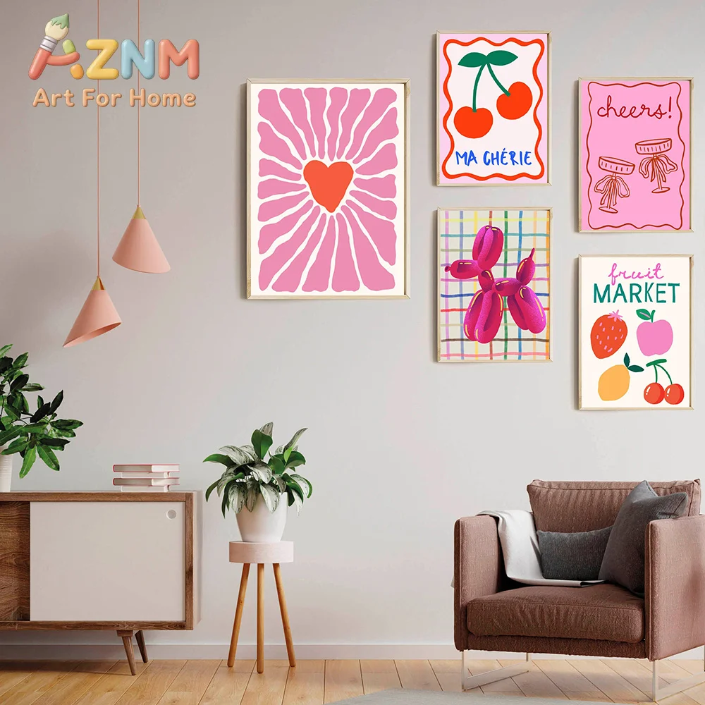 Preppy Wall Art Pink Balloon Dog Orange Quotes Teen Girl Room Posters and Prints Dopamine Decor Quirky Dorm Y2k Cool Pictures