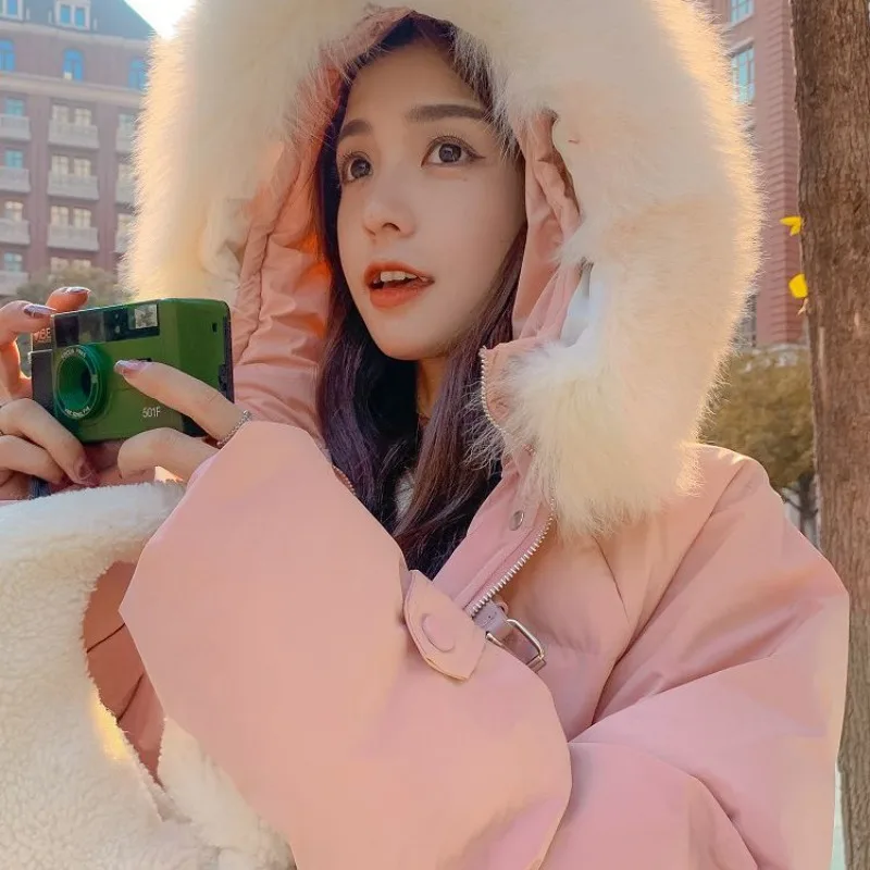 2023 New Women Down Cotton Coat Winter Jacket Female Big Fur Collar Short-Length Parkas Pink Thicken Outwear Hooded Overcoat