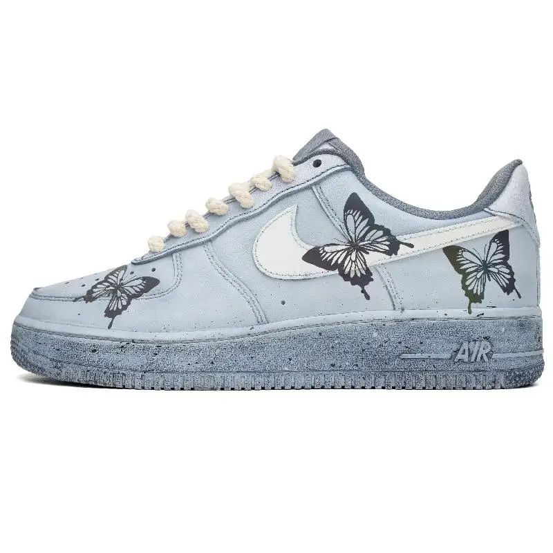 

[Custom Colorful butterfly]Nike Air Force 1 Skateboard Shoes Women's Low-Top Gray/White