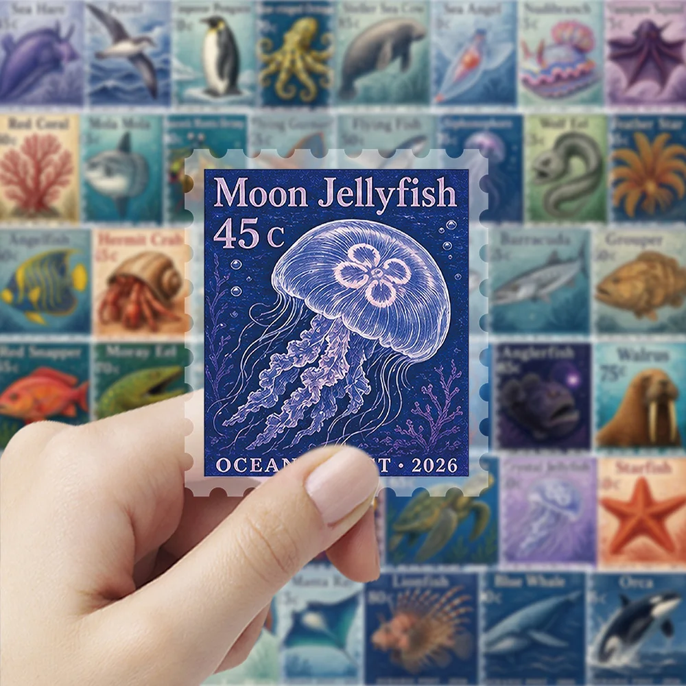 50 PCS Cartoon Sea Creature Stamp PET Transparent Stickers Decorate Phone Case Fridge Envelope Gift Box Non Repeated Decals