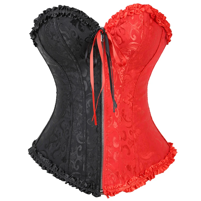 Zipper Corset Top Overbust Victorian Corsets for Women Lace Up Boned Corset and Bustier Gothic Plus Size Black White Red