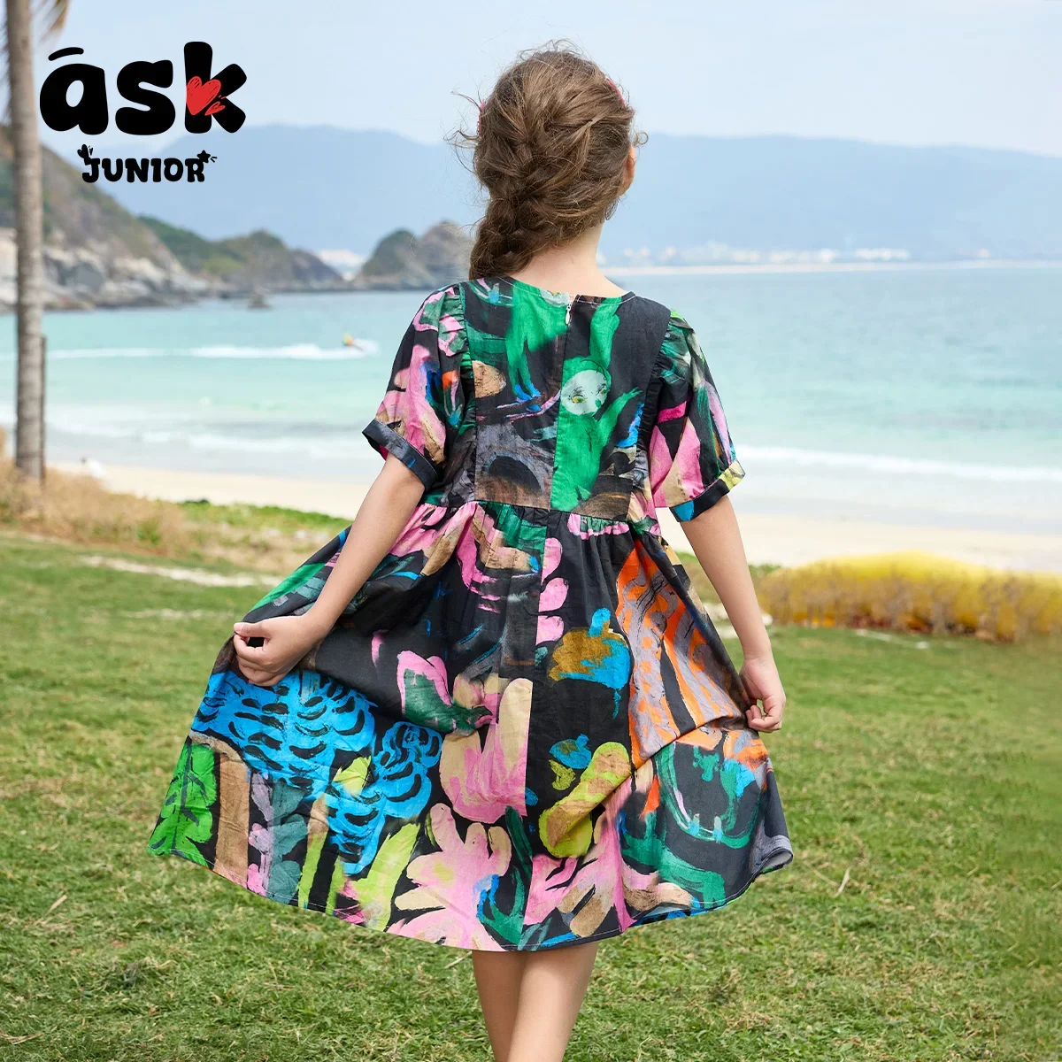 فستان ASK Junior Girls ذو ألوان متباينة وطباعة تجريدية كاجوال متوسط وطويل فساتين صيفية لفتاة الزهور #3
