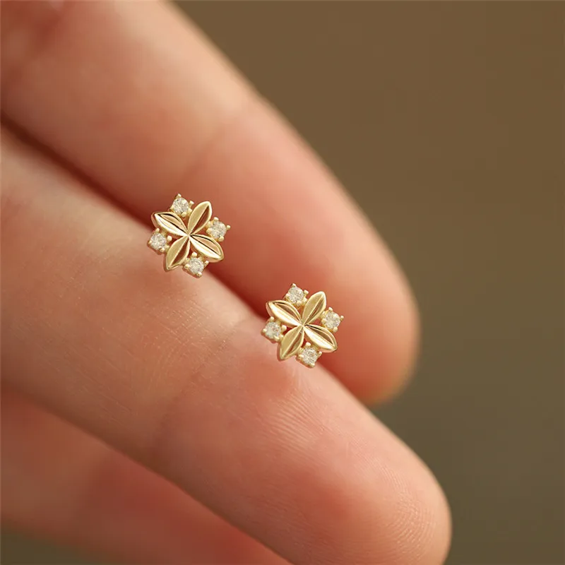 

S925 Silver Plated 14K Gold Diamond Zircon Small Flower Stud Earrings For Women INS High-quality Wedding Bride Jewelry