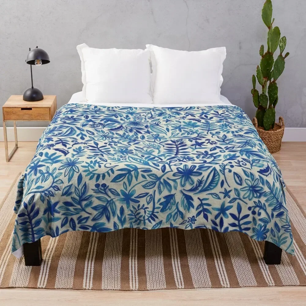 

Floating Garden - a watercolor pattern in blue Throw Blanket Plaid on the sofa Soft Bed covers Hairys Blankets