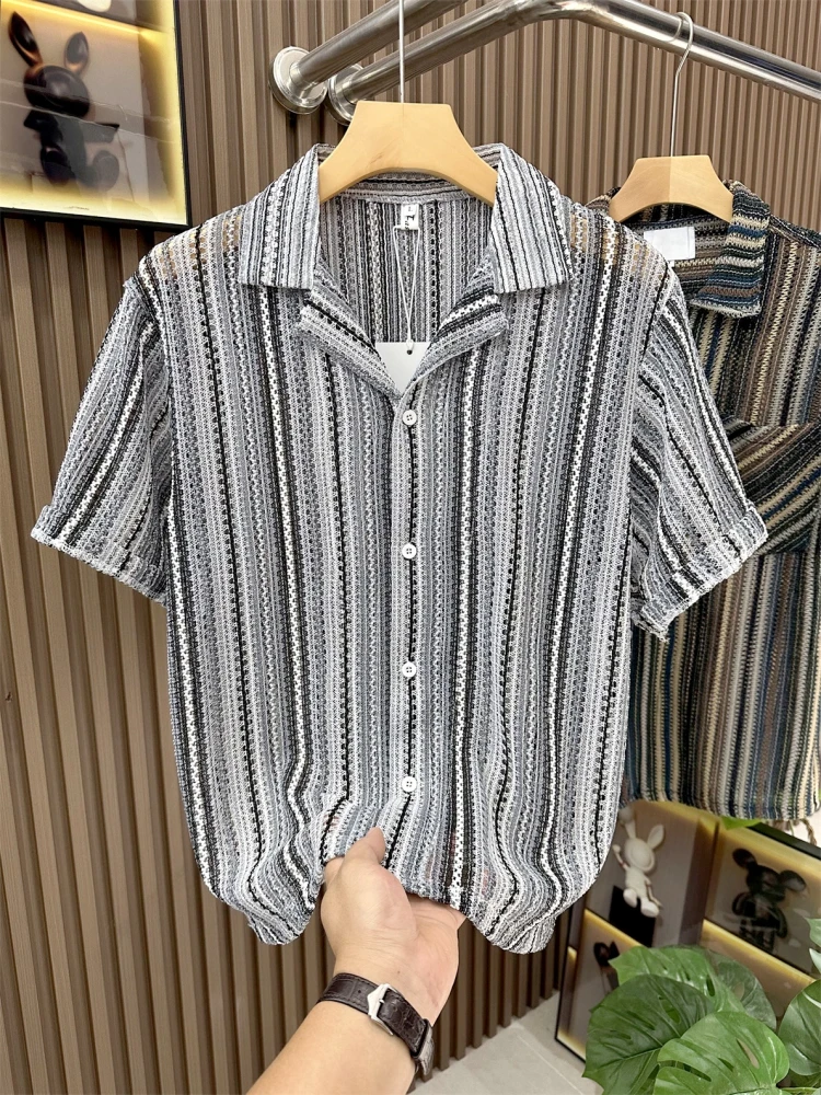 

Summer 2025 Men's Fashion Casual Short Sleeve Striped Shirt Versatile Loose Fit Breathable Polyester Fiber Shirt for Daily Wear