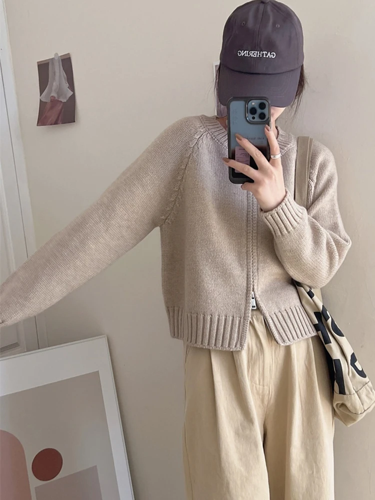 Zoki Streetwear Simple Cardigan Sweater Women Long Sleeve Zipper Korean Cardigan Casual Vintage Female Solid Sweater Outwear New