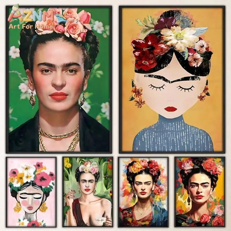 Frida Kahlo Portrait Canvas Wall Art Vintage Floral Head Woman Poster Unframed Canvas Painting for Living Room Bedroom Home Deco