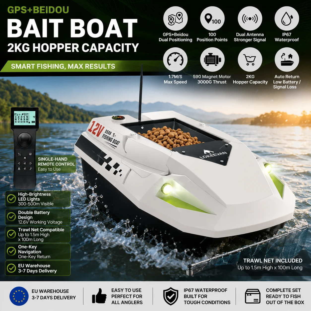 Bateau à appâts GPS haute vitesse 12V, LOKEEVAN D50B avec positionnement GPS et Beidou, retour automatique en cas de faible puissance et perte de signal, bateau d'alimentation pour la pêche à double coque avec force de traction de 3000G et filet de traînée de 1,5M
