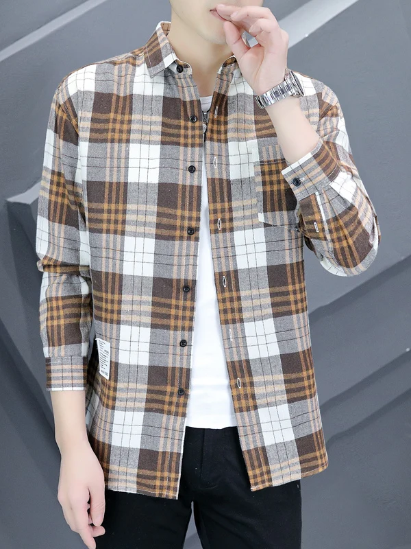 

Quali Cotton Plaid irt Men's Long Sve Autumn New Sle Red irt Student Trendy Casual Loose Fit irt Polyester Fiber