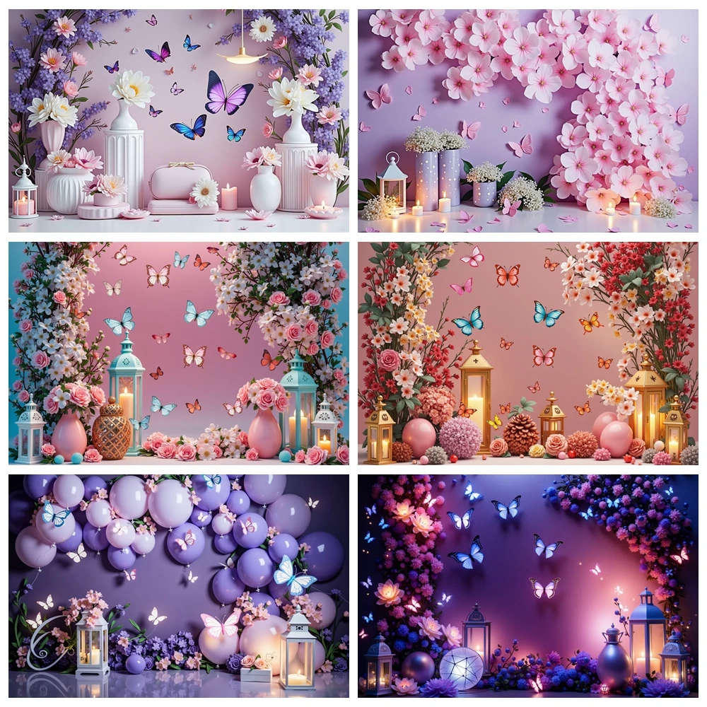

Children's Enchanted Birthday Party Photozone Backdrop Pink Purple Balloons Hanging Flower Spring Photography Background