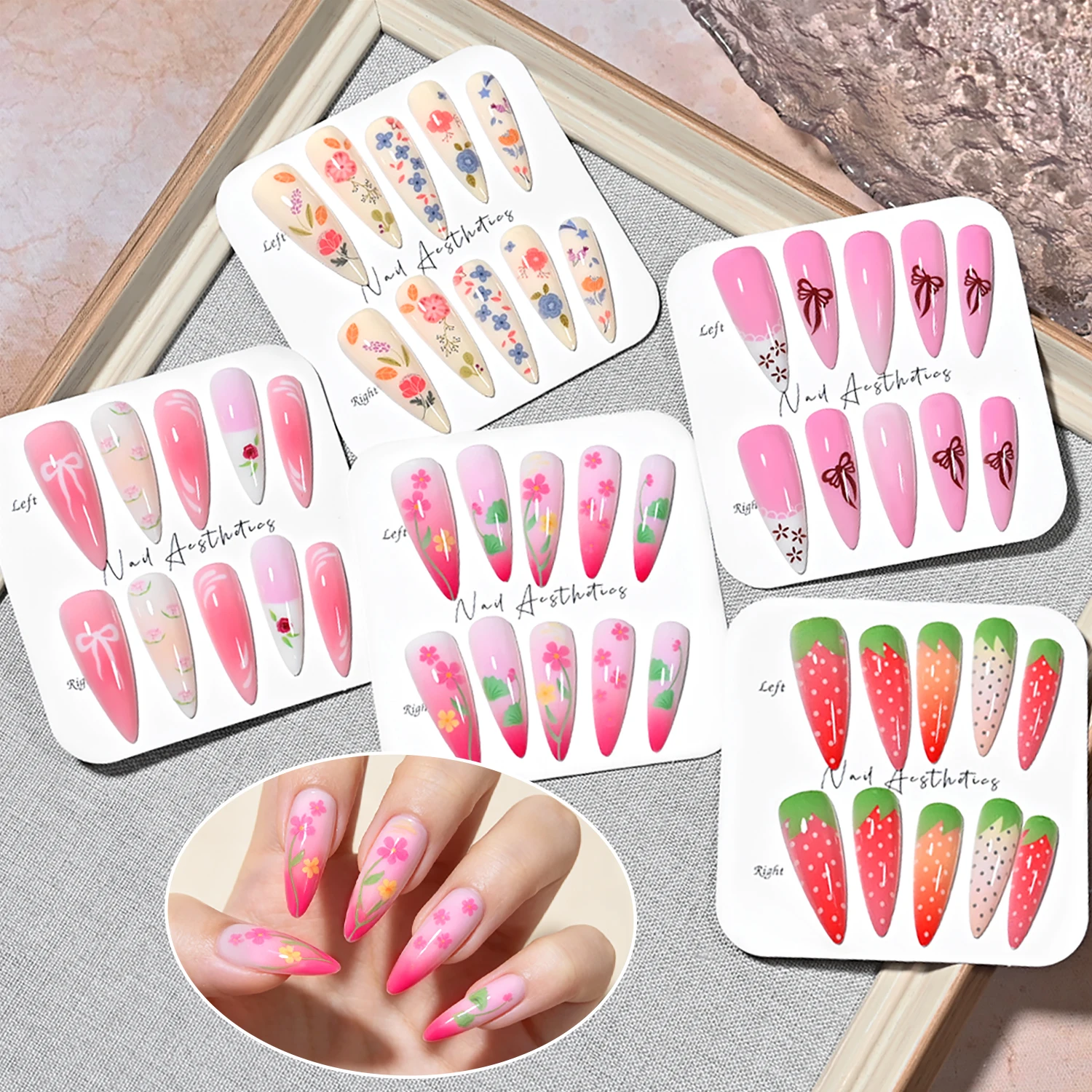 120Pcs Long Almond Press On Nails Mixed 5 Styles Bow Floral Strawberry Full Cover Acrylic Fake Nails Summer Y2K Sweet False Nail view 4