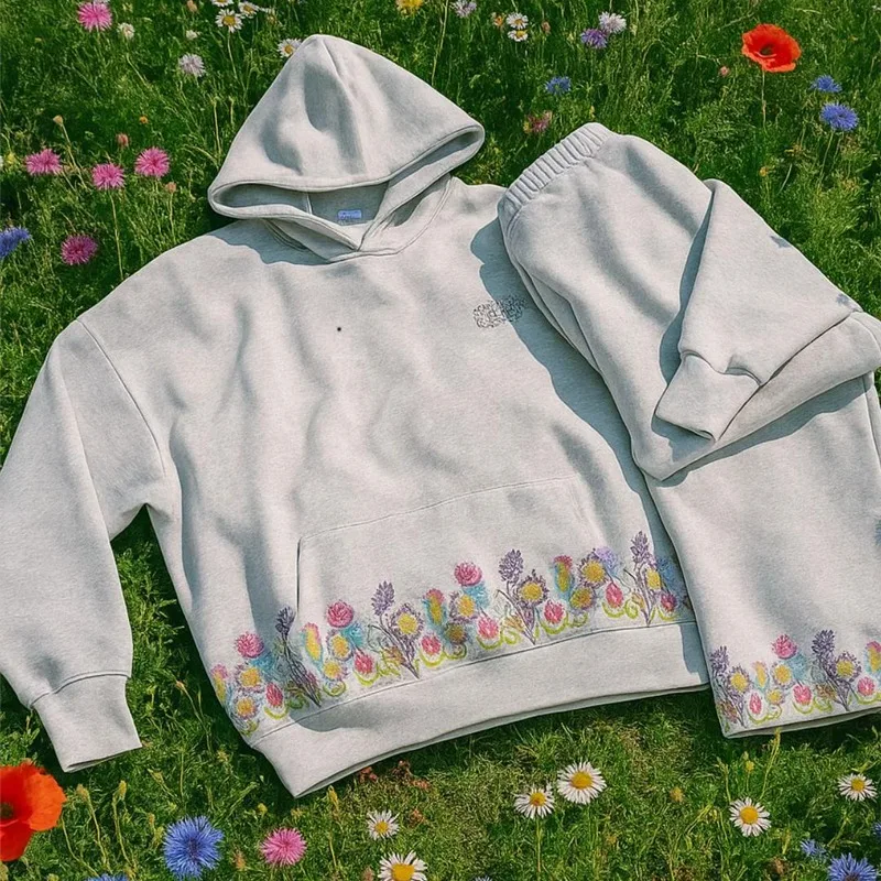 

2 Pcs Outerwear Co-ords Y2K Floral Grey Tracksuit Embroidery Hoodie Men Women Sports Fresh Jogging Streetwear Unisex Boxy Set