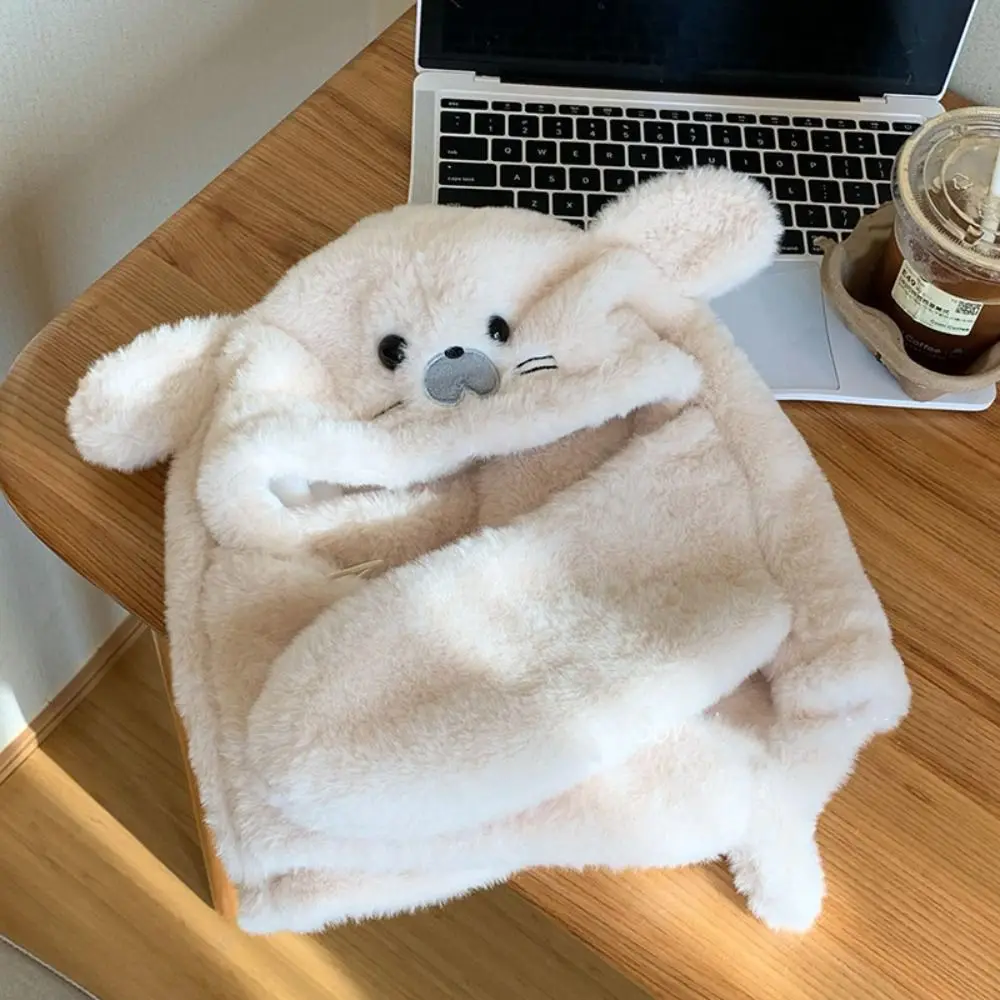 Simple Fleece Seal Plush Hooded Scarf 3 in 1 Cute Mask Pullover Hat Warm Soft Ear Protection Hat Outdoor