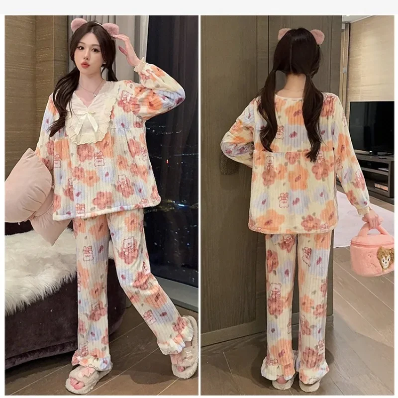 Plus Size Autumn Winter Warm Pajama Set Women Soft Flannel Fleecing Home Clothes Korean Sweet Thick Coral Long Sleeve Sleepwear