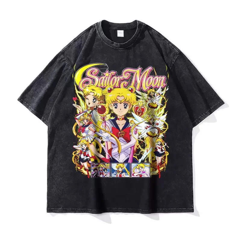 

European and American Trend Sailor Moon Print T-shirt Men and Women Loose and Versatile Short-sleeved Top Couple