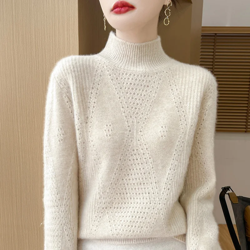 Autumn/Winter New 100% Wool Sweater Thickened Women's Casual Solid Color Knitwear Loose Half High Neck Blouse Fashion Tops