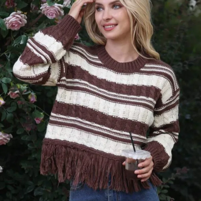 

New Autumn Winter Loose Knitted Tassel Ne round Sweater Women's Faion Striped Street Sle Thiened Long Sve Top