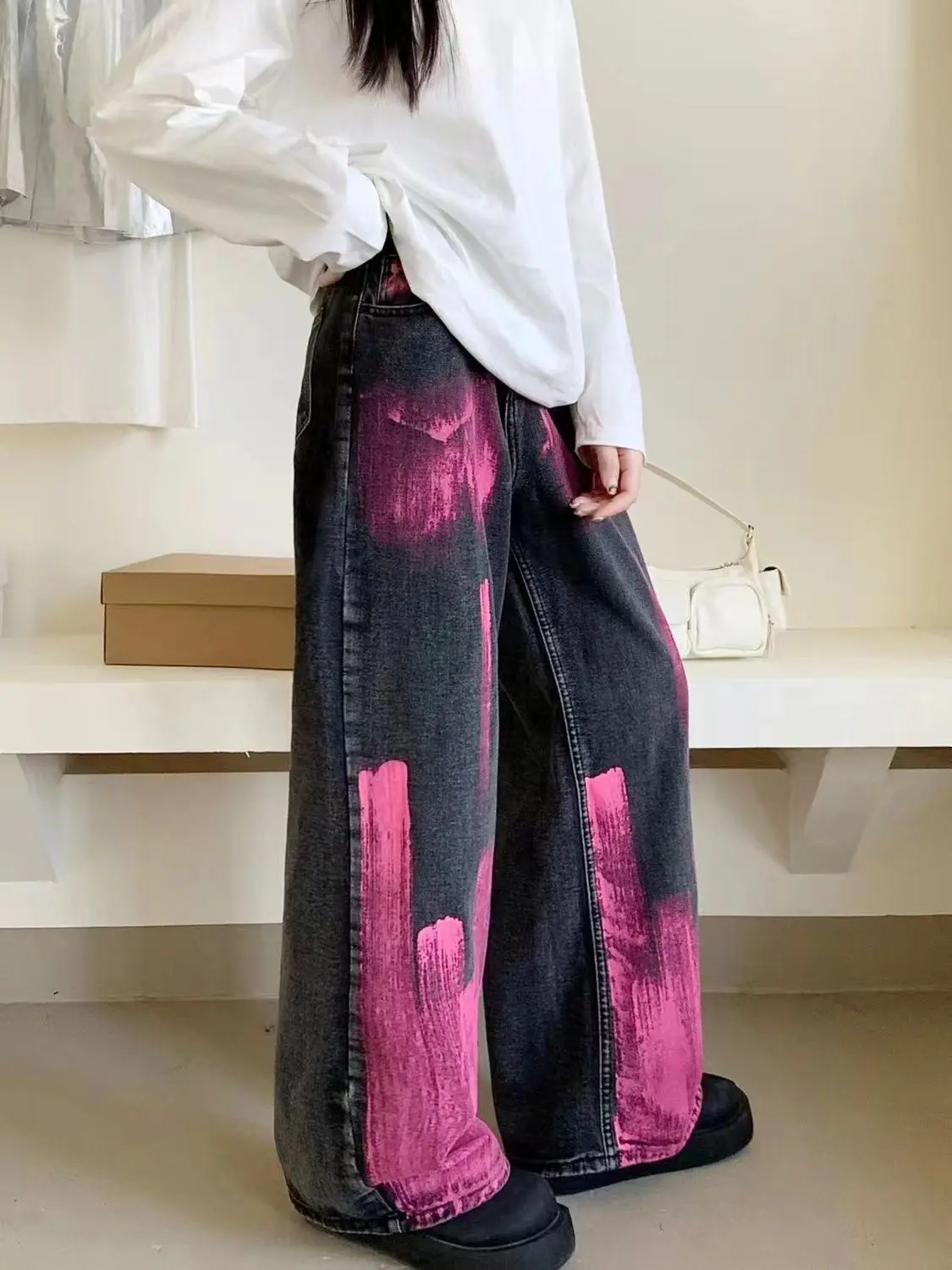 

High Waist Retro Wide Leg Trousers Graffiti Tie-Dye Design Loose Fit High Street Jeans