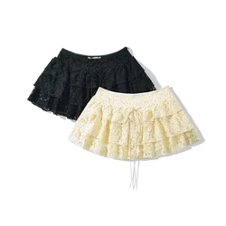 YENKYE 2015 Women Yellow Black Y2K Lace Mini Skirt Sexy Low Waist Side Zipper A-line Layered Summer Skirts With Short Lining