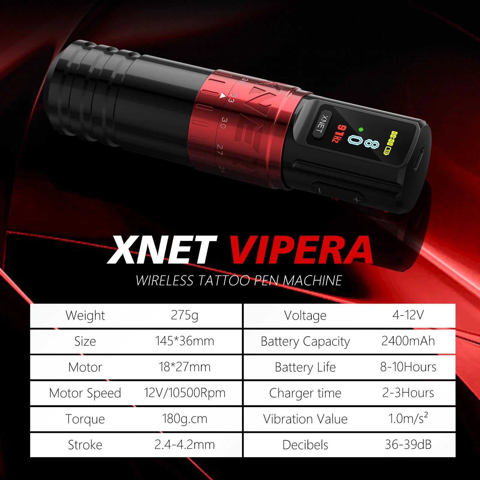 XNET Vipera Wireless Tattoo Machine Rotaty Pen 7 Adjustable Stroke 2.4-4.2mm OLED Display 2400mAh Battery For Tattoo Artists