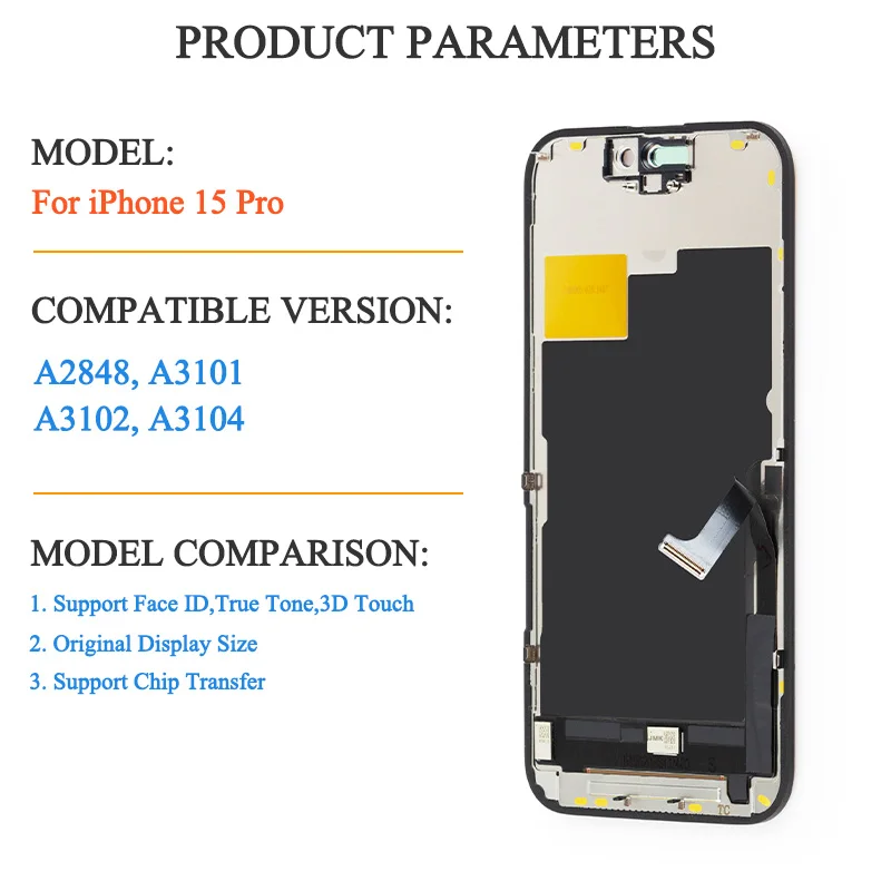 RFLCD INCELL آيفون 15 برو شاشة الكريستال السائل مجموعة المحولات الرقمية لشاشة تعمل بلمس ل 15 برو LCD مع رقاقة نقل صحيح لهجة #2