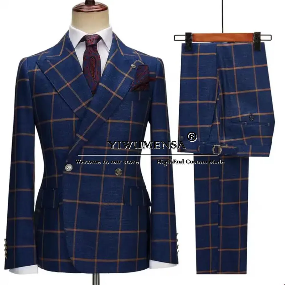 

Navy Blue Plaid Men Suits Business Skinny Bespoke Double Breasted Jacket Pants 2 Piece Sets Groom Prom Tuxedo Trajes Para Hombre