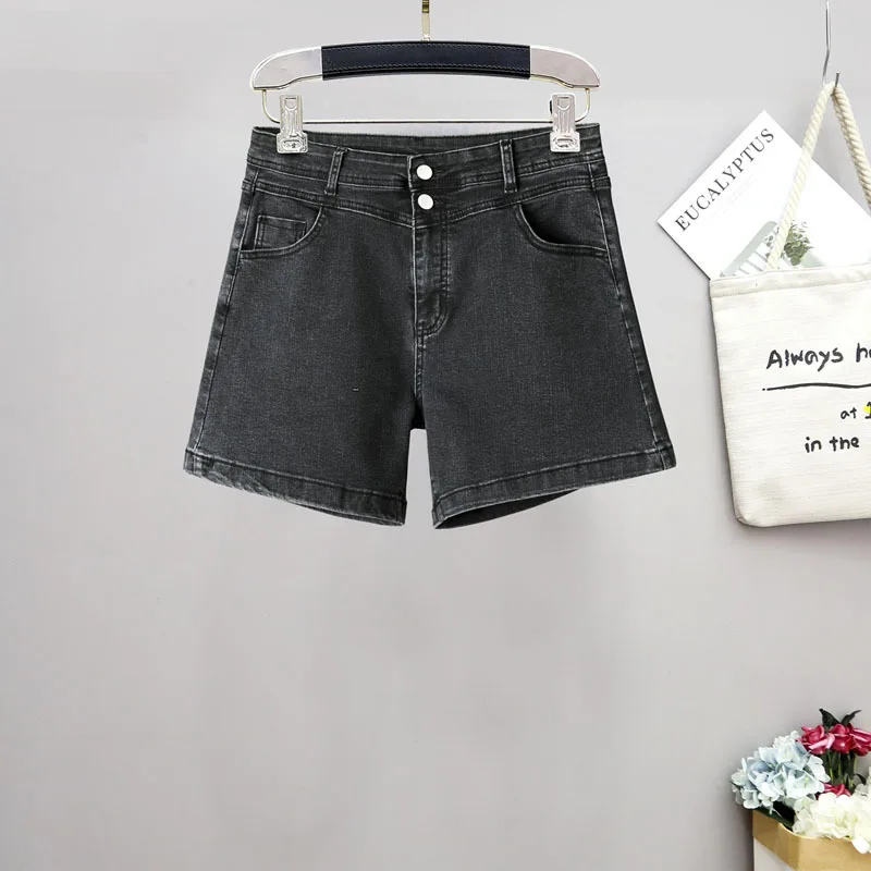 

0029 Summer 6xl Loose Casual Cotton Denim Shorts Black Simple Thin Breathable Wide-Leg Chic Double Buttons High Waist Women Jean