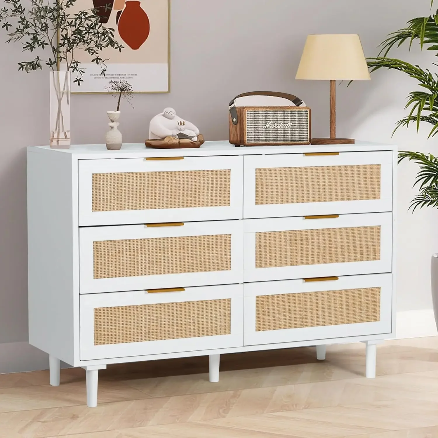 6 Drawer Dresser Rattan Dresser,Wood Storage Closet Dressers Chest of Drawers for Bedroom,Living Room,Hallway