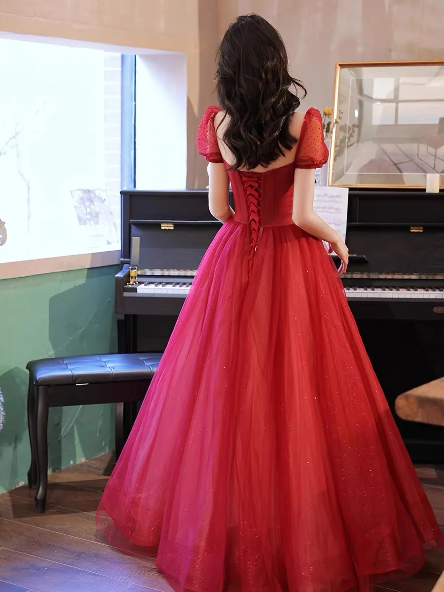 Nuevos Vestidos De Noche De lujo De color rojo vino, corte en A, cuello cuadrado, lentejuelas, cuentas brillantes, manga abombada, Vestidos De Noche formales